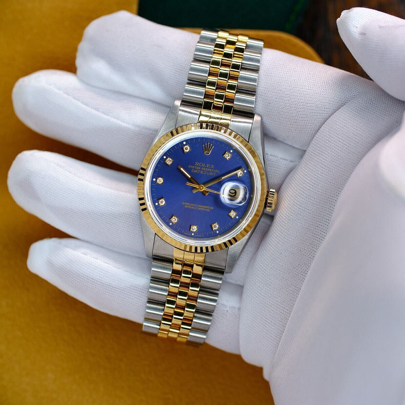 ROLEX MENS DATEJUST WATCH GOLD STEEL FACTORY BLUE DIAL FLUTED 36MM BOX & PAPERS