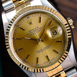 ROLEX DATEJUST 36MM WATCH GOLD & STEEL CHAMPAGNE DIAL 18K FLUTED BEZEL 16233