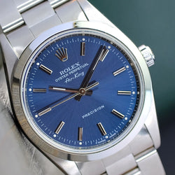 ROLEX MENS AIR-KING WATCH 34MM BLUE DIAL SMOOTH OYSTER BAND 14000 WITH PAPERS