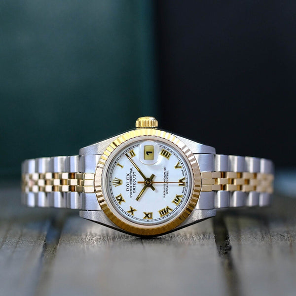 ROLEX LADY DATEJUST 18K GOLD & STEEL FACTORY WHITE ROMAN DIAL FLUTED 26MM WATCH