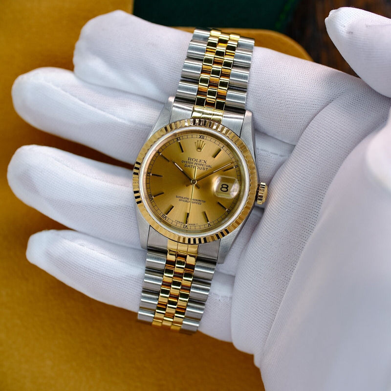 ROLEX DATEJUST 36MM WATCH GOLD & STEEL CHAMPAGNE DIAL 18K FLUTED BEZEL 16233