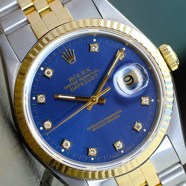 ROLEX MENS DATEJUST WATCH GOLD STEEL FACTORY BLUE DIAL FLUTED 36MM BOX & PAPERS