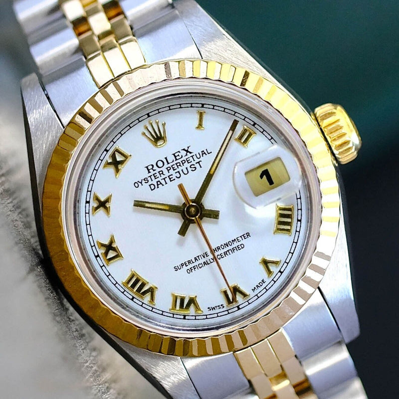 ROLEX LADY DATEJUST 18K GOLD & STEEL FACTORY WHITE ROMAN DIAL FLUTED 26MM WATCH