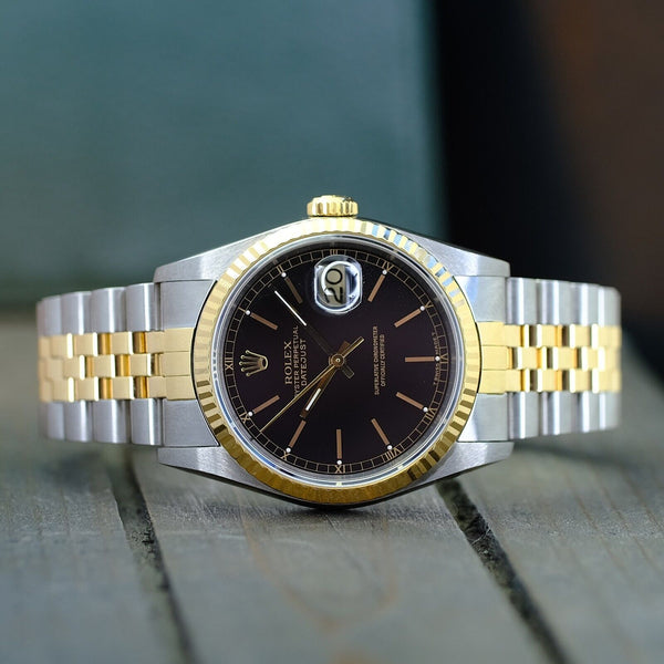 ROLEX MENS DATEJUST 16233 GOLD & STEEL BLACK DIAL FLUTED 36MM WATCH BOX & PAPERS