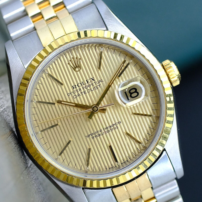 ROLEX MENS DATEJUST WATCH GOLD STEEL CHAMPAGNE TAPESTRY DIAL FLUTED 36MM 16233