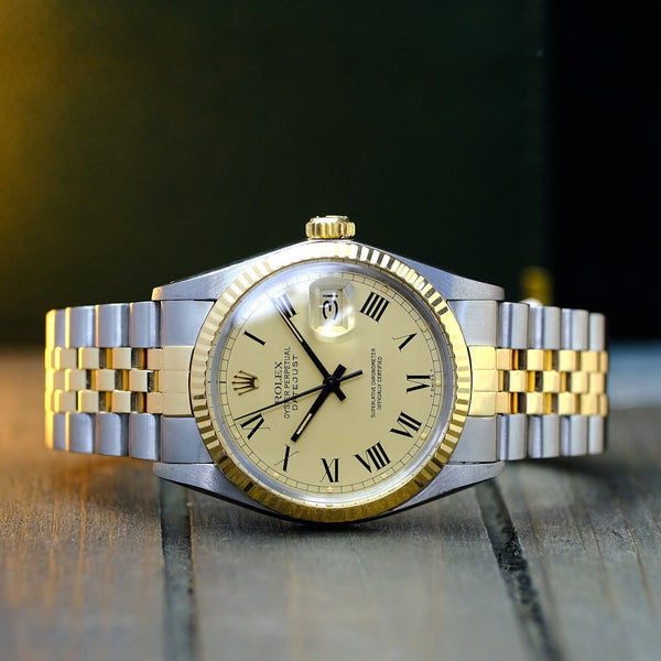 ROLEX MENS DATEJUST TWO TONE CHAMPAGNE BUCKLEY DIAL 18K FLUTED 36MM WATCH 16013