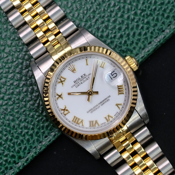 ROLEX DATEJUST LADIES MIDSIZE WATCH 18KY GOLD STEEL WHITE ROMAN DIAL 31MM 68273