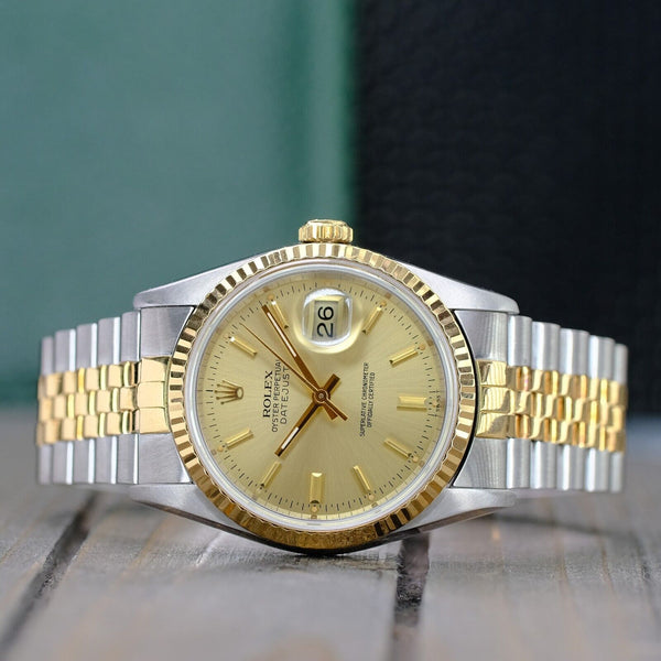 ROLEX MENS DATEJUST 16233 18K YELLOW GOLD STEEL CHAMPAGNE DIAL 36MM WATCH