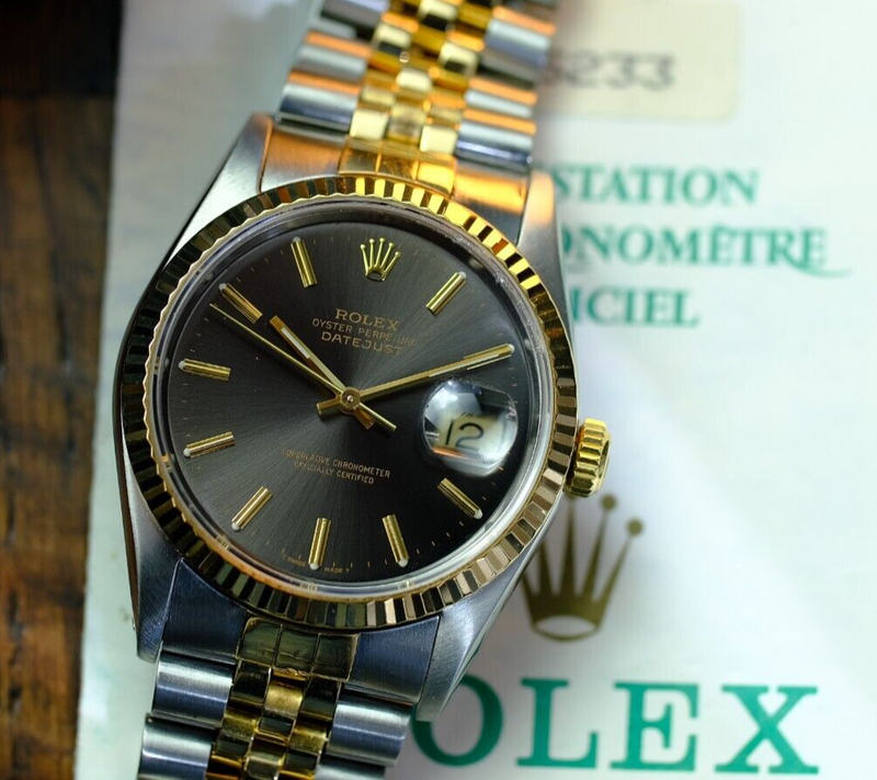 ROLEX MENS DATEJUST WATCH GOLD STEEL BRONZE DIAL FLUTED AUTOMATIC 36MM 16233