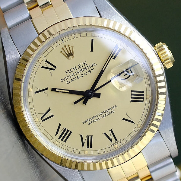 ROLEX MENS DATEJUST TWO TONE CHAMPAGNE BUCKLEY DIAL 18K FLUTED 36MM WATCH 16013