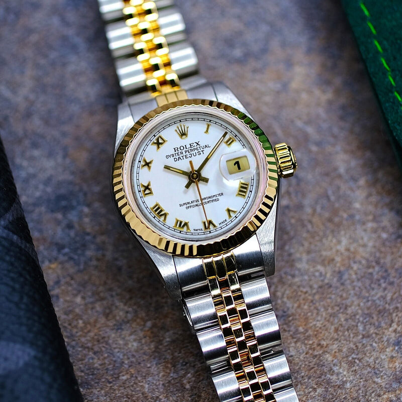 ROLEX LADY DATEJUST 18K GOLD & STEEL FACTORY WHITE ROMAN DIAL FLUTED 26MM WATCH