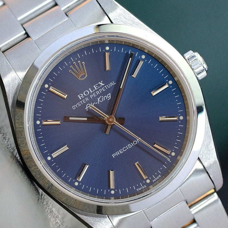 ROLEX MENS OYSTER PERPETUAL STEEL WATCH 34MM BLUE DIAL SMOOTH BAND 14000