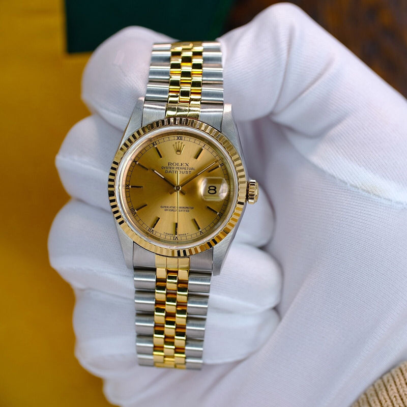 ROLEX DATEJUST 36MM WATCH GOLD & STEEL CHAMPAGNE DIAL 18K FLUTED BEZEL 16233