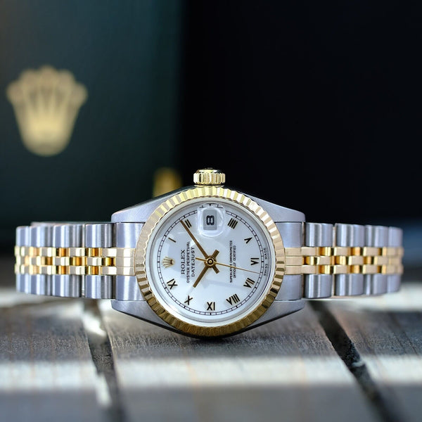 ROLEX DATEJUST LADIES WATCH GOLD & STEEL WHITE ROMAN DIAL FLUTED JUBILEE 69173