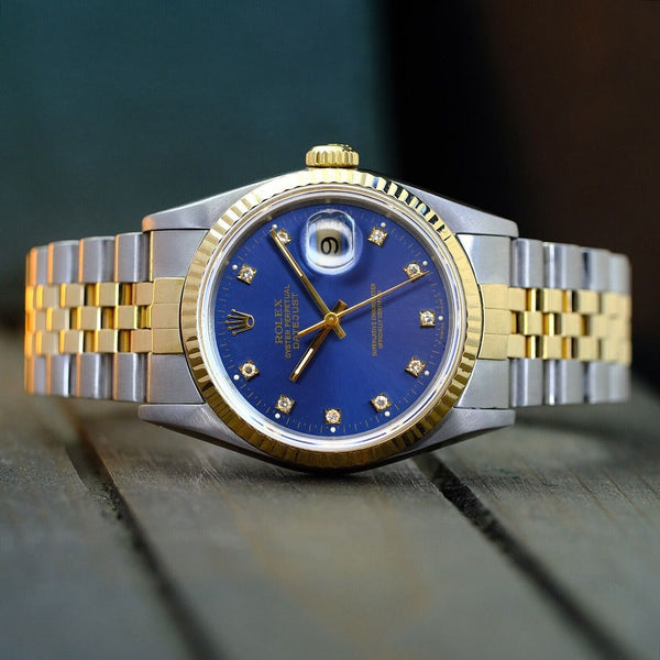 ROLEX MENS DATEJUST WATCH GOLD STEEL FACTORY BLUE DIAL FLUTED 36MM BOX & PAPERS