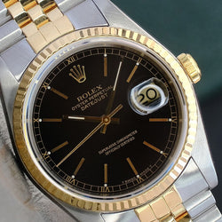 ROLEX MENS DATEJUST 16233 GOLD &STEEL BLACK INDEX DIAL FLUTED BEZEL 36MM WATCH