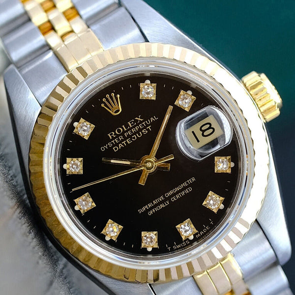 ROLEX LADIES DATEJUST WATCH 69173 GOLD STEEL BLACK DIAMOND DIAL FLUTED BEZEL 26MM