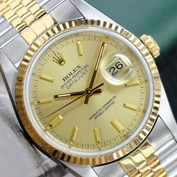 ROLEX MENS DATEJUST 16233 18K YELLOW GOLD STEEL CHAMPAGNE DIAL 36MM WATCH