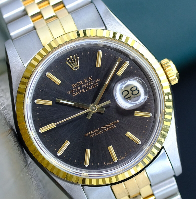 ROLEX MENS DATEJUST WATCH GOLD STEEL FACTORY BRONZE DIAL FLUTED 36MM 16233