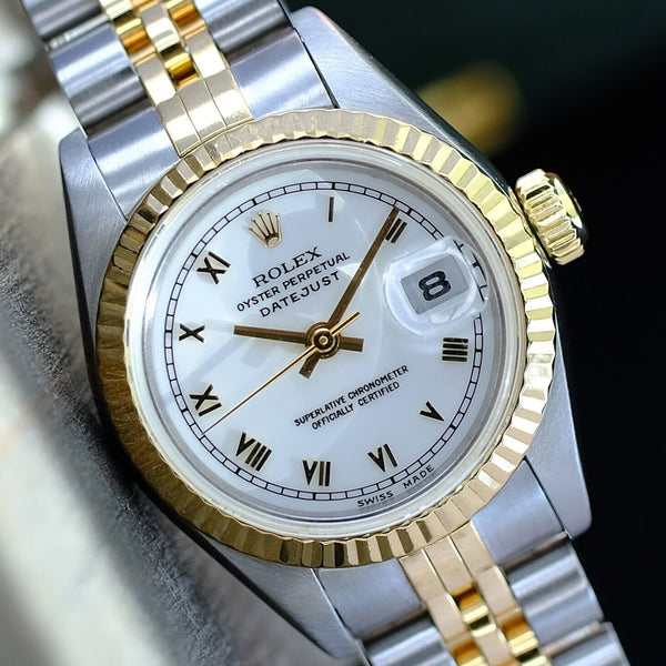 ROLEX DATEJUST LADIES WATCH GOLD & STEEL WHITE ROMAN DIAL FLUTED JUBILEE 69173