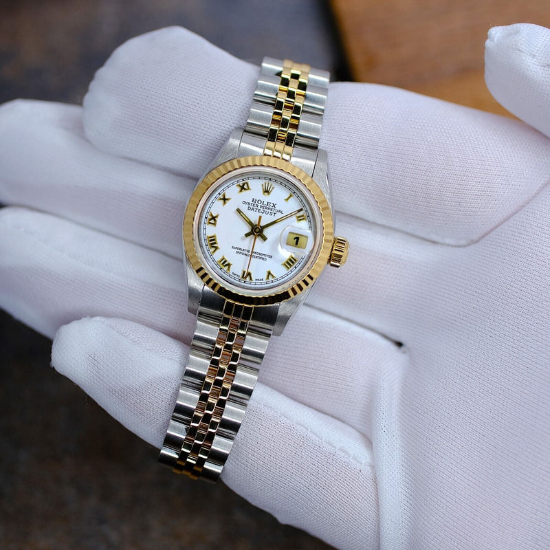 ROLEX LADY DATEJUST 18K GOLD & STEEL FACTORY WHITE ROMAN DIAL FLUTED 26MM WATCH