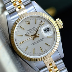 ROLEX DATEJUST LADIES WATCH GOLD & STEEL SILVER INDEX DIAL FLUTED JUBILEE 69173