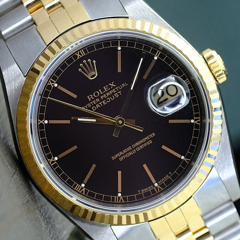 ROLEX MENS DATEJUST 16233 GOLD & STEEL BLACK DIAL FLUTED 36MM WATCH BOX & PAPERS